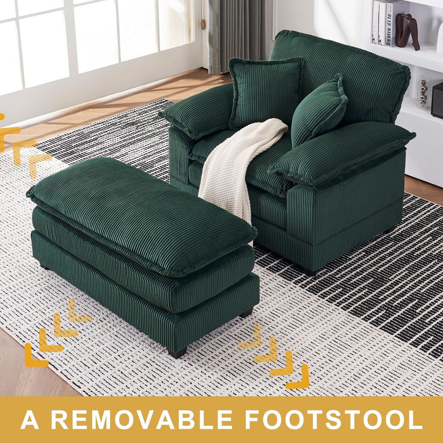 Poltrona oversize da 56,9 W con pouf, poltrona da lettura per camera da letto, divano letto girevole, divano reclinabile singolo moderno oversize