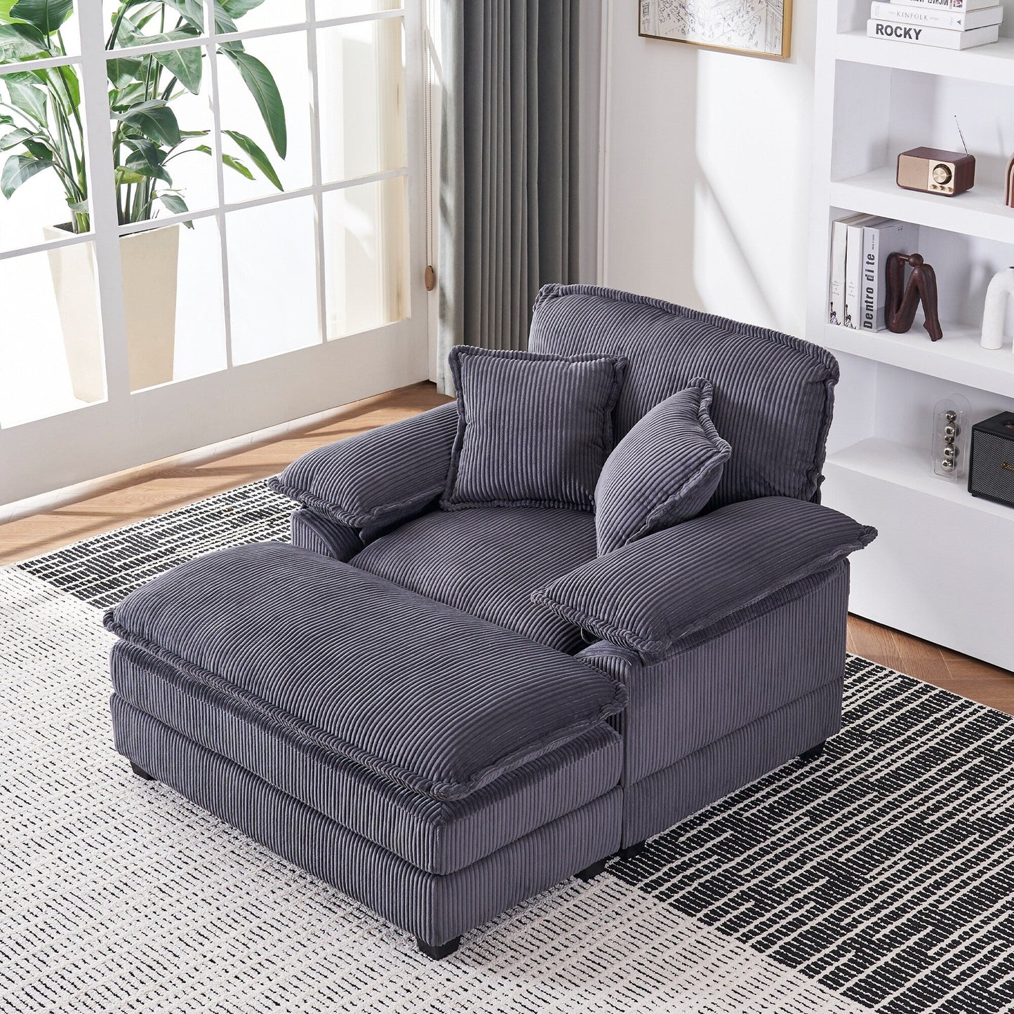 Poltrona oversize da 56,9 W con pouf, poltrona da lettura per camera da letto, divano letto girevole, divano reclinabile singolo moderno oversize