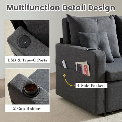 Divano letto trasformabile 3 in 1 da 56 pollici, divano letto estraibile con portabicchieri e porte USB, divano grigio scuro per soggiorno