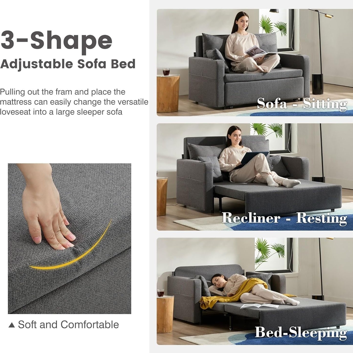 Divano letto trasformabile 3 in 1 da 56 pollici, divano letto estraibile con portabicchieri e porte USB, divano grigio scuro per soggiorno
