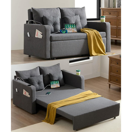 Divano letto trasformabile 3 in 1 da 56 pollici, divano letto estraibile con portabicchieri e porte USB, divano grigio scuro per soggiorno