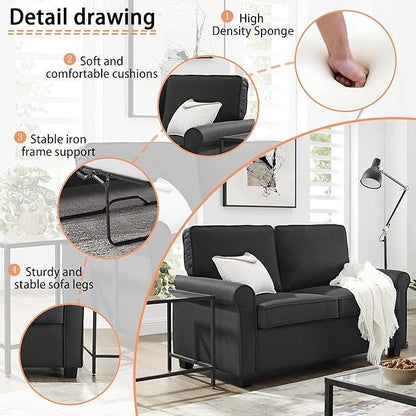 Divano a due posti in lino con braccioli arrotolati, materasso in memory foam e gambe in plastica per soggiorno.