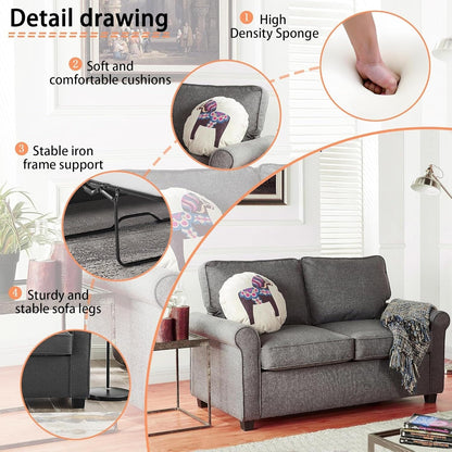 Divano a due posti in lino con braccioli arrotolati, materasso in memory foam e gambe in plastica per soggiorno.
