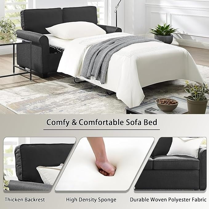 Divano a due posti in lino con braccioli arrotolati, materasso in memory foam e gambe in plastica per soggiorno.