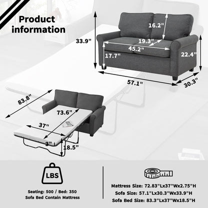 Divano a due posti in lino con braccioli arrotolati, materasso in memory foam e gambe in plastica per soggiorno.