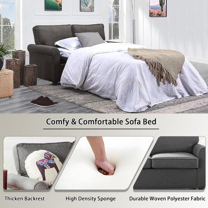 Divano a due posti in lino con braccioli arrotolati, materasso in memory foam e gambe in plastica per soggiorno.