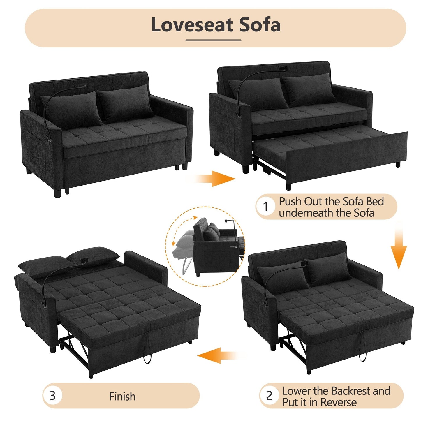 Divano letto convertibile 57 - Divano letto salvaspazio con hub di ricarica USB, schienale reversibile e soluzioni di archiviazione intelligenti