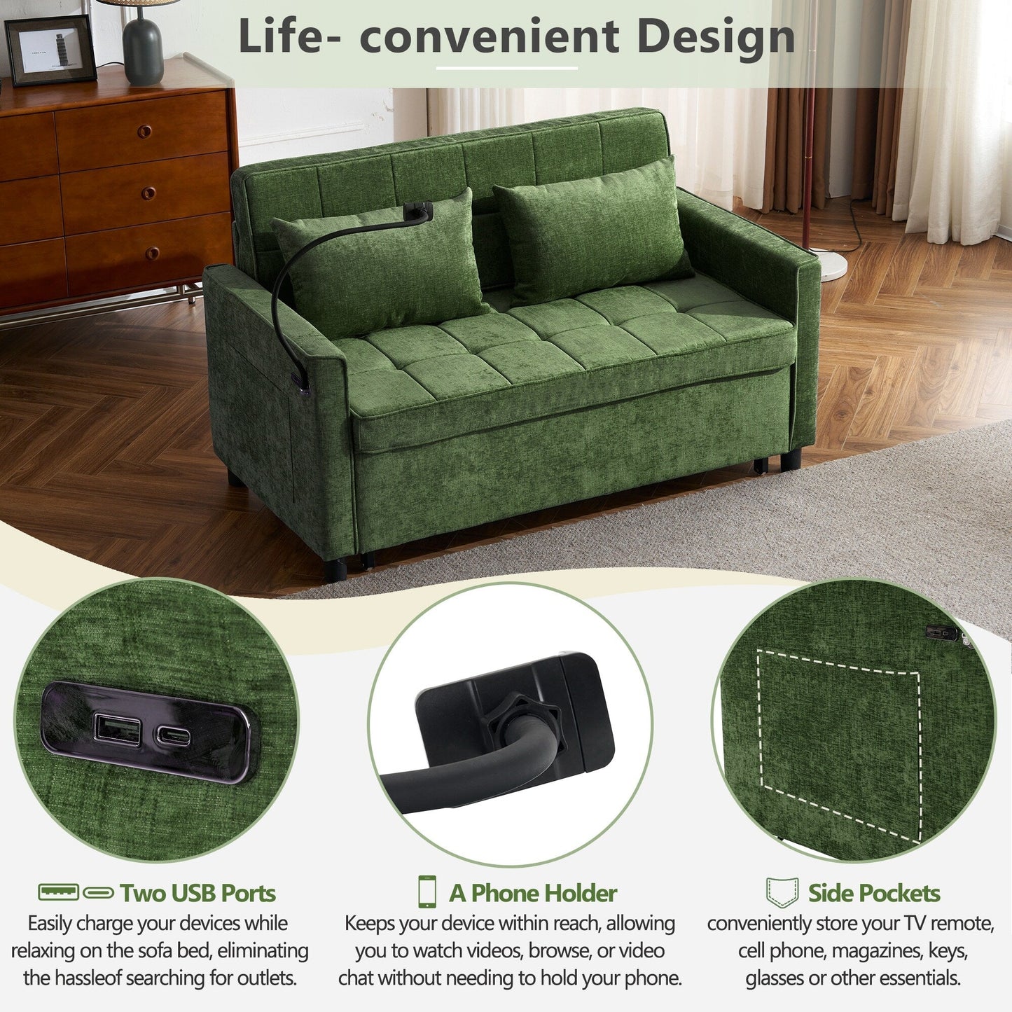 Divano letto convertibile 57 - Divano letto salvaspazio con hub di ricarica USB, schienale reversibile e soluzioni di archiviazione intelligenti
