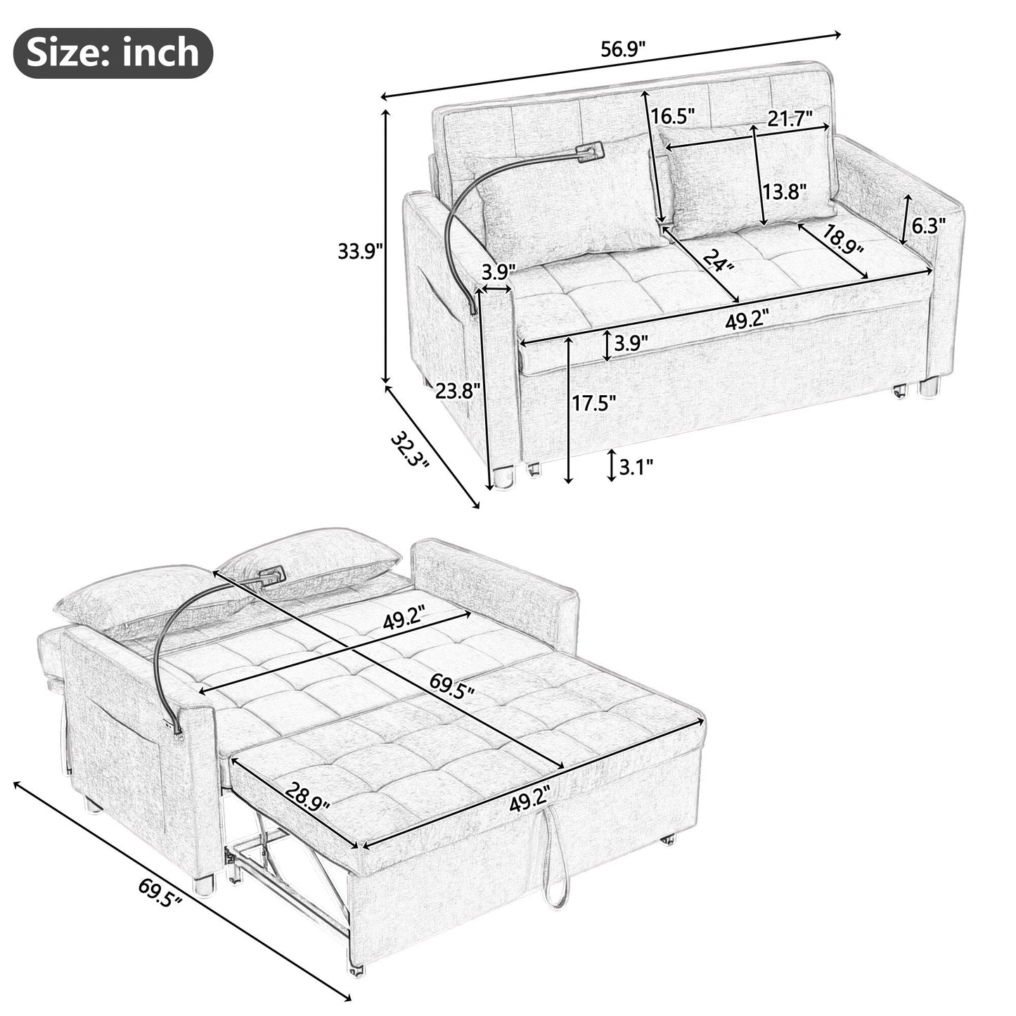 Divano letto convertibile 57 - Divano letto salvaspazio con hub di ricarica USB, schienale reversibile e soluzioni di archiviazione intelligenti