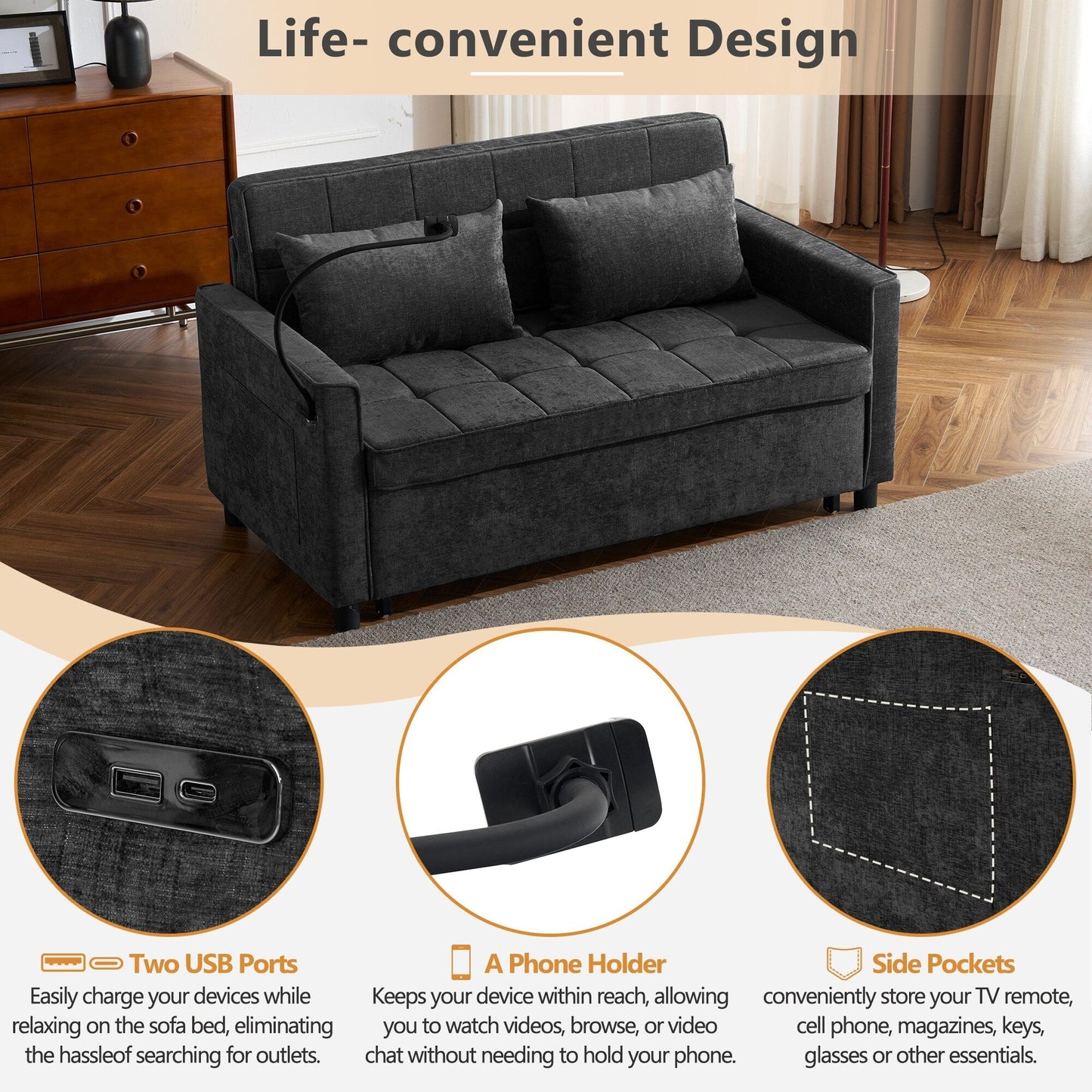 Divano letto convertibile 57 - Divano letto salvaspazio con hub di ricarica USB, schienale reversibile e soluzioni di archiviazione intelligenti
