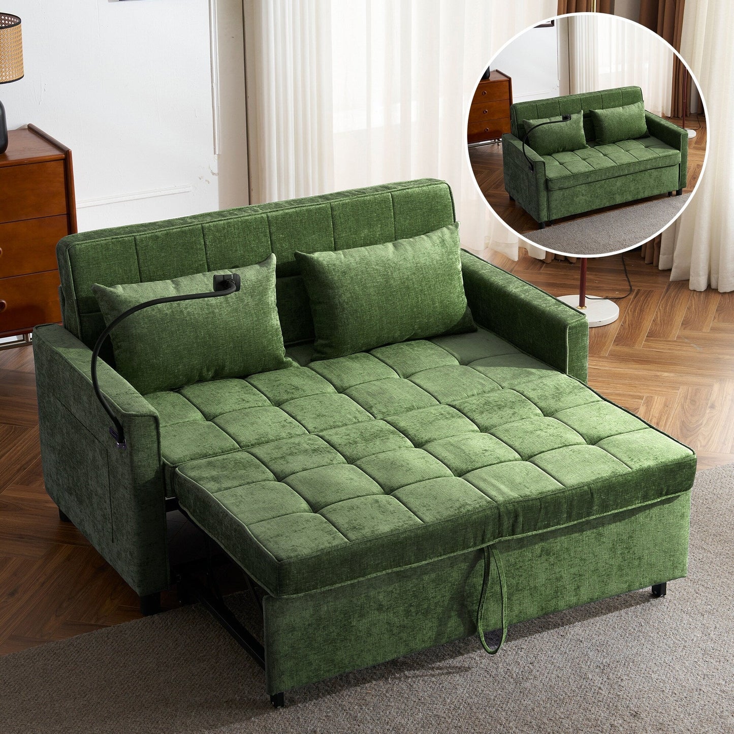 Divano letto convertibile 57 - Divano letto salvaspazio con hub di ricarica USB, schienale reversibile e soluzioni di archiviazione intelligenti