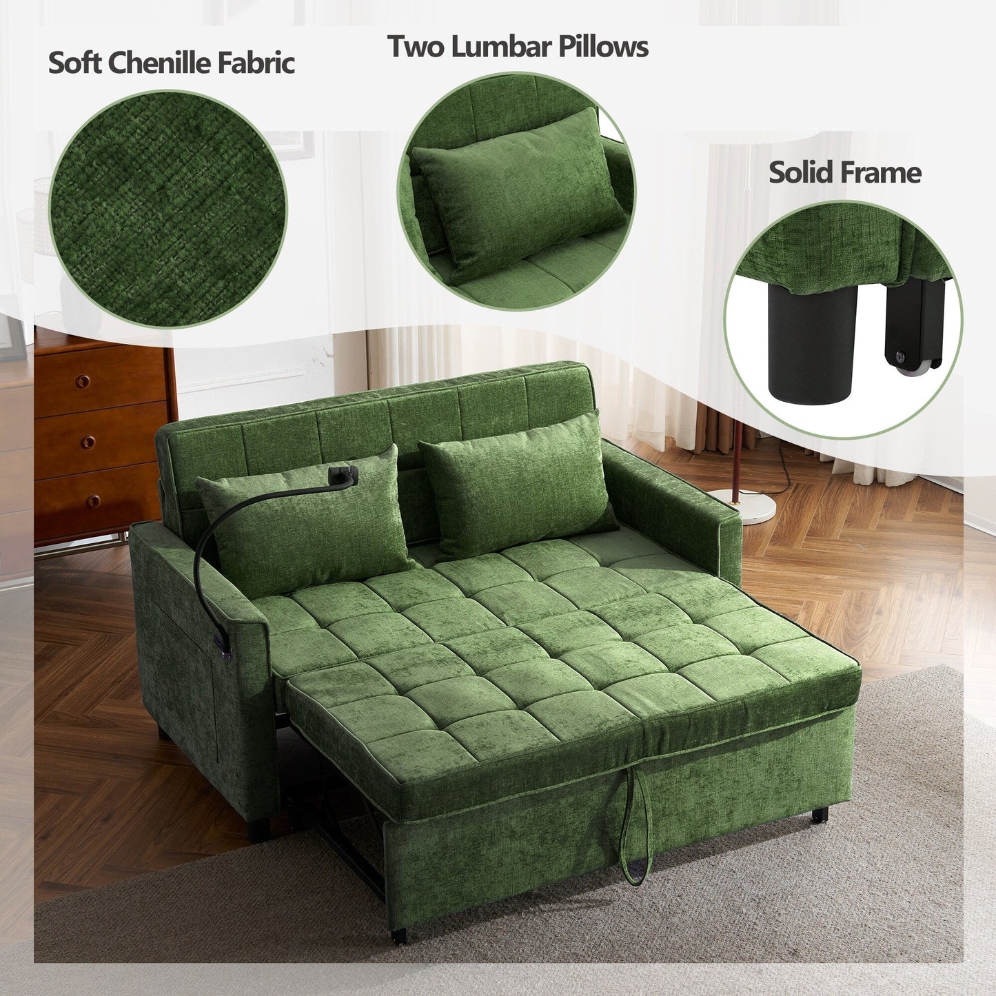 Divano letto convertibile 57 - Divano letto salvaspazio con hub di ricarica USB, schienale reversibile e soluzioni di archiviazione intelligenti