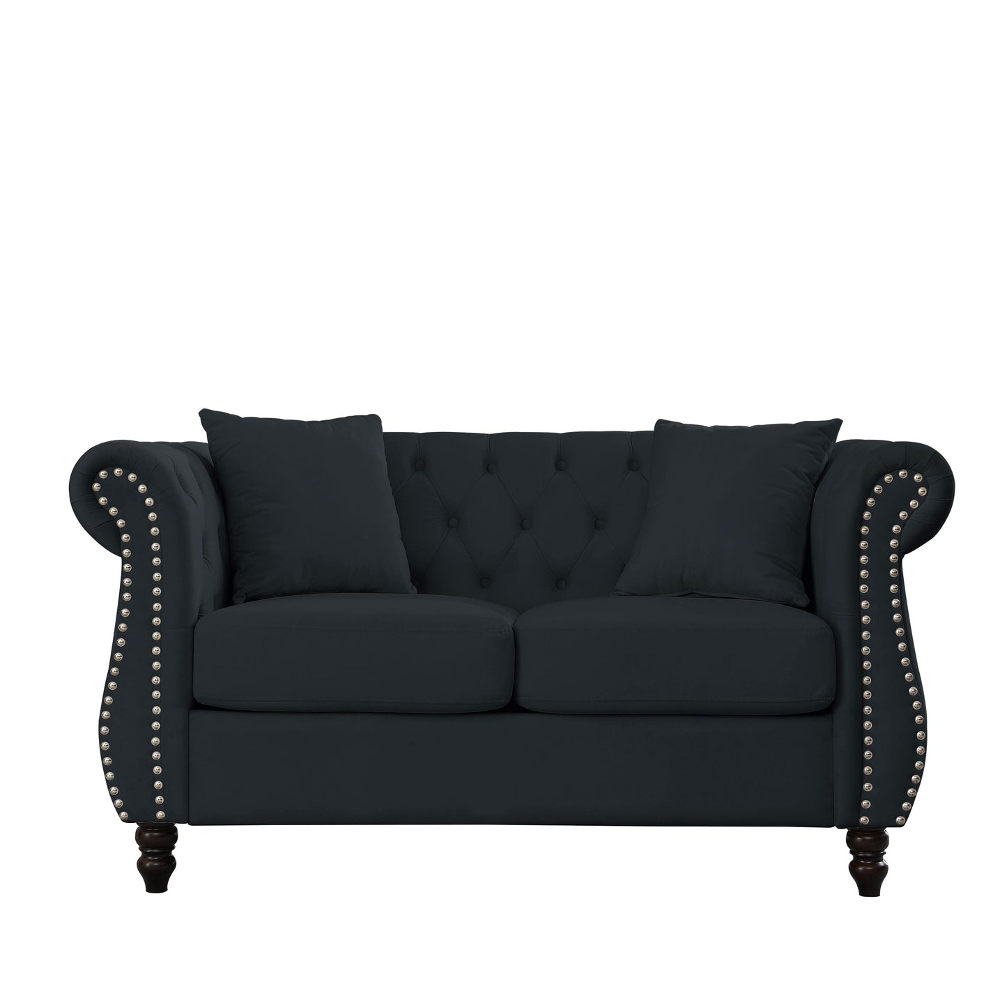 Divano Chesterfield in velluto 58.8 a 2 posti con braccioli arrotolati, finiture con borchie e 2 cuscini