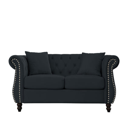 Divano Chesterfield in velluto 58.8 a 2 posti con braccioli arrotolati, finiture con borchie e 2 cuscini