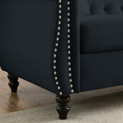 Divano Chesterfield in velluto 58.8 a 2 posti con braccioli arrotolati, finiture con borchie e 2 cuscini