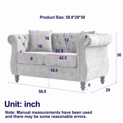 Divano Chesterfield in velluto 58.8 a 2 posti con braccioli arrotolati, finiture con borchie e 2 cuscini