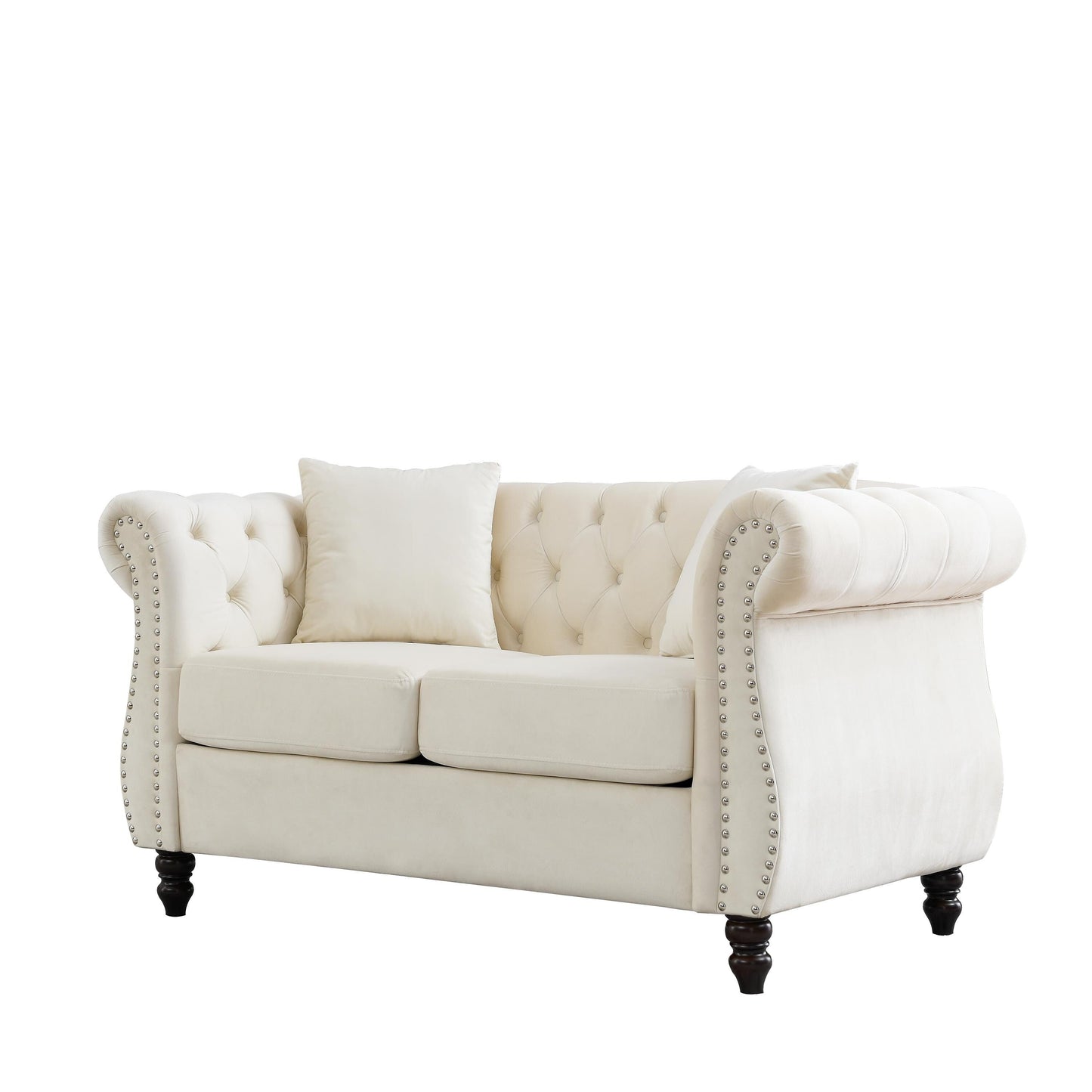 Divano Chesterfield in velluto 58.8 a 2 posti con braccioli arrotolati, finiture con borchie e 2 cuscini