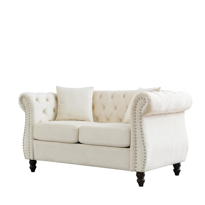 Divano Chesterfield in velluto 58.8 a 2 posti con braccioli arrotolati, finiture con borchie e 2 cuscini