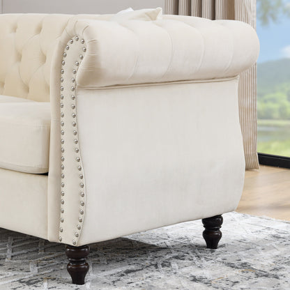 Divano Chesterfield in velluto 58.8 a 2 posti con braccioli arrotolati, finiture con borchie e 2 cuscini