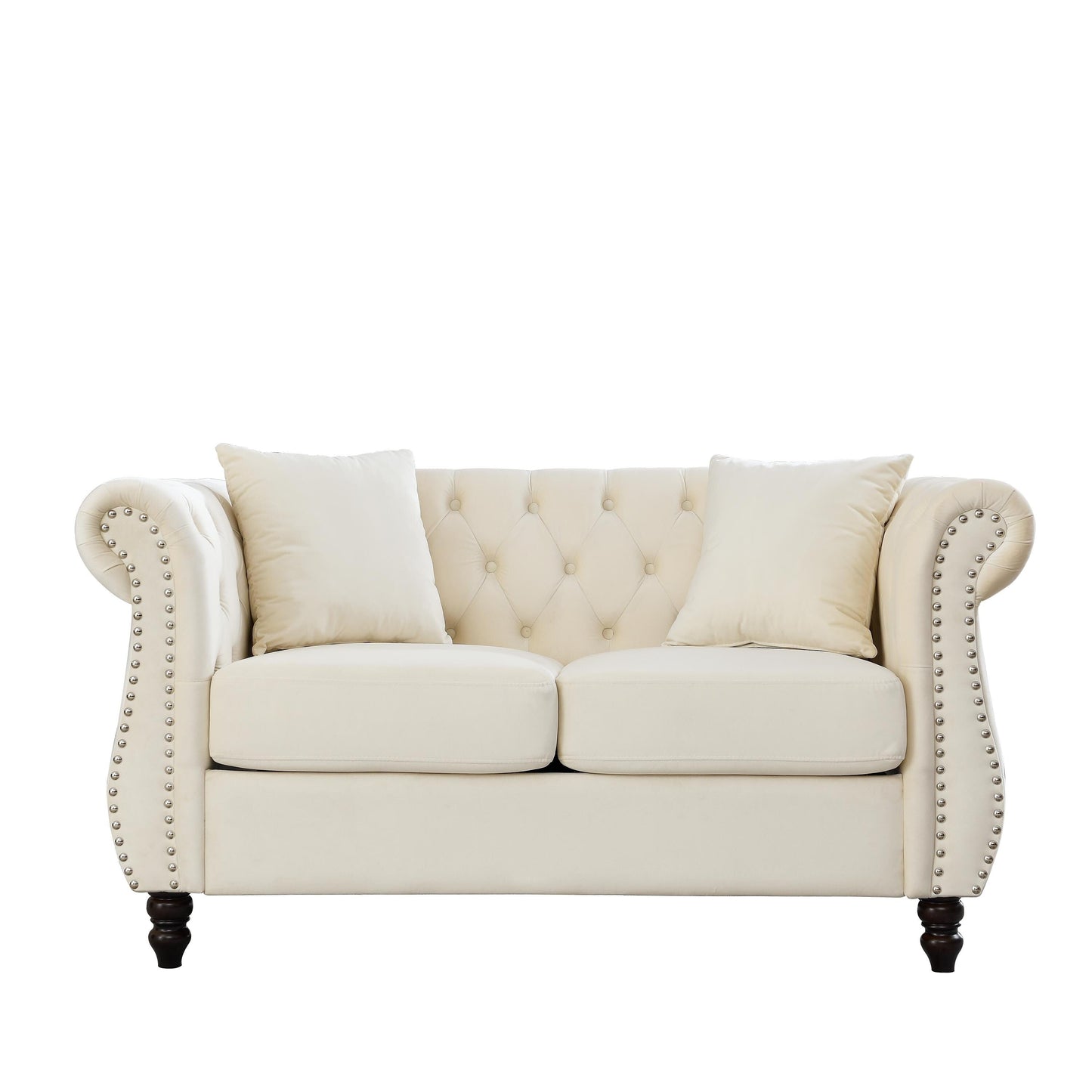 Divano Chesterfield in velluto 58.8 a 2 posti con braccioli arrotolati, finiture con borchie e 2 cuscini