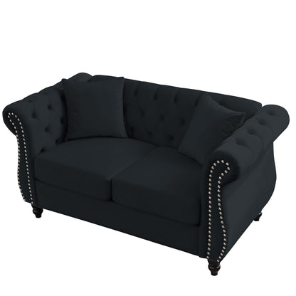 Divano Chesterfield in velluto 58.8 a 2 posti con braccioli arrotolati, finiture con borchie e 2 cuscini