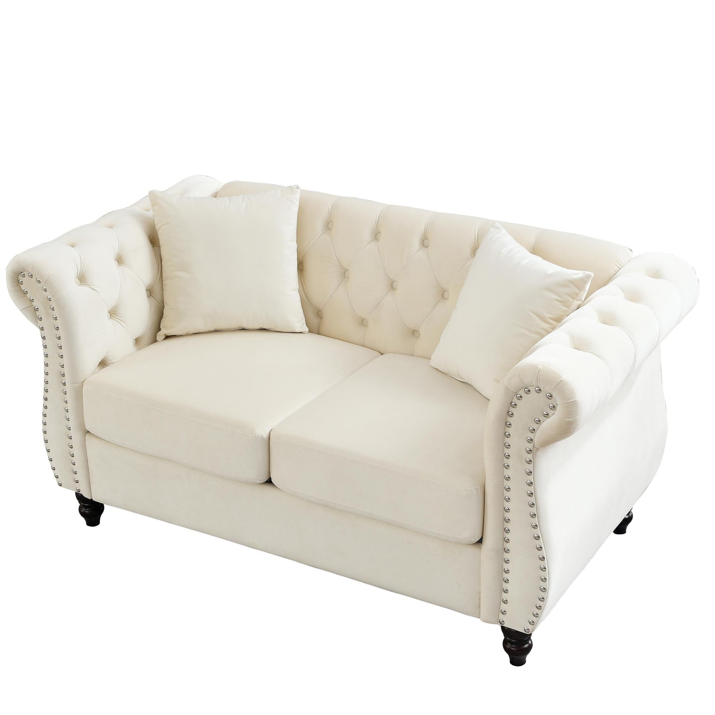 Divano Chesterfield in velluto 58.8 a 2 posti con braccioli arrotolati, finiture con borchie e 2 cuscini