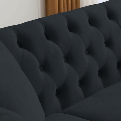 Divano Chesterfield in velluto 58.8 a 2 posti con braccioli arrotolati, finiture con borchie e 2 cuscini