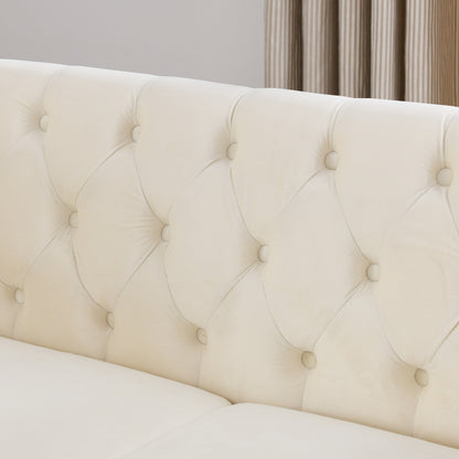 Divano Chesterfield in velluto 58.8 a 2 posti con braccioli arrotolati, finiture con borchie e 2 cuscini
