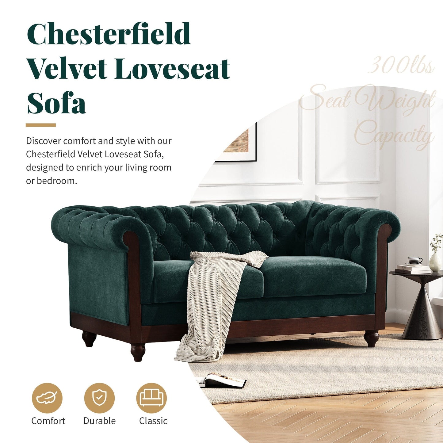 Divano a due posti Chesterfield in velluto da 59,44 pollici con braccioli arrotolati, schienale trapuntato e capacità di 600 libbre
