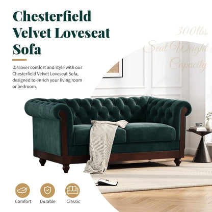 Divano a due posti Chesterfield in velluto da 59,44 pollici con braccioli arrotolati, schienale trapuntato e capacità di 600 libbre
