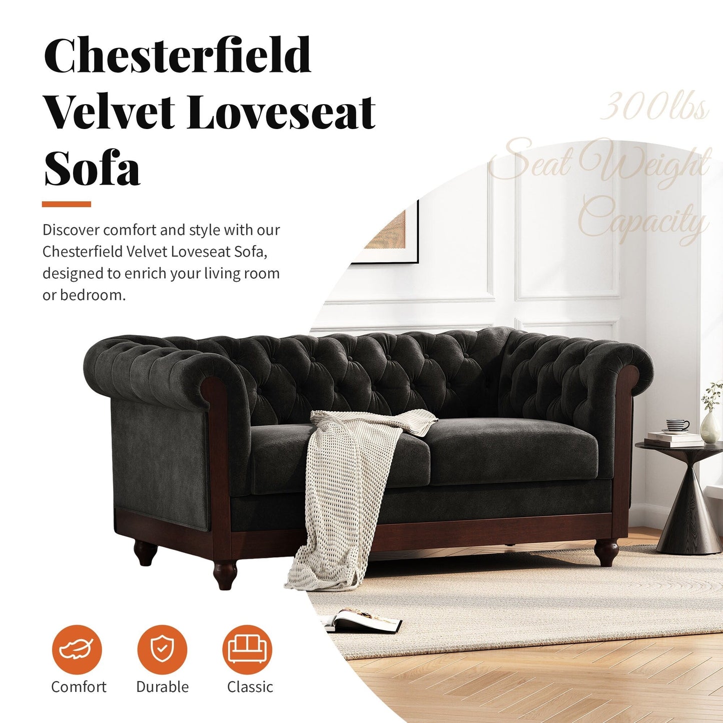 Divano a due posti Chesterfield in velluto da 59,44 pollici con braccioli arrotolati, schienale trapuntato e capacità di 600 libbre