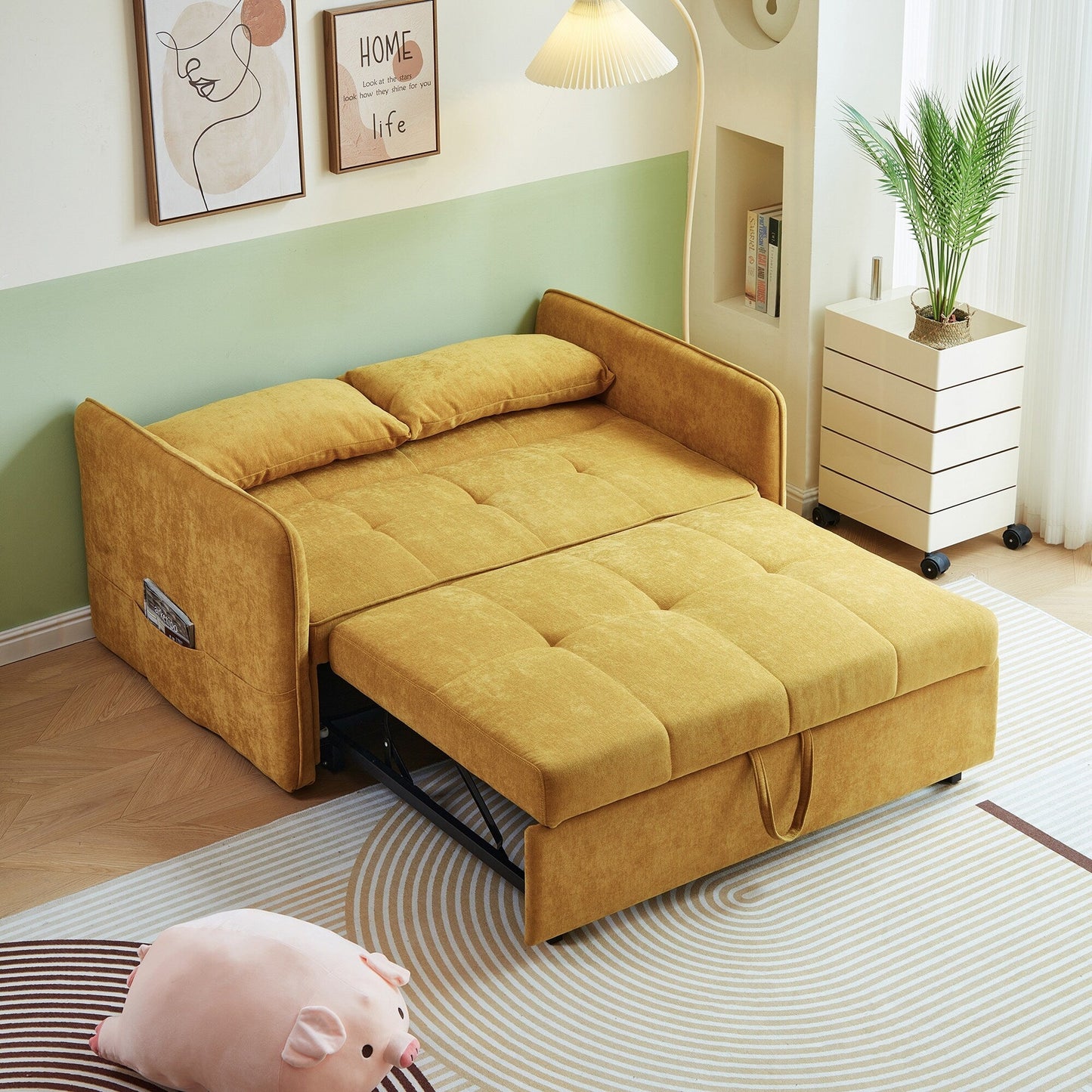 Divano letto estraibile in tessuto ciniglia giallo - 39,00 x 53,50 x 31,50