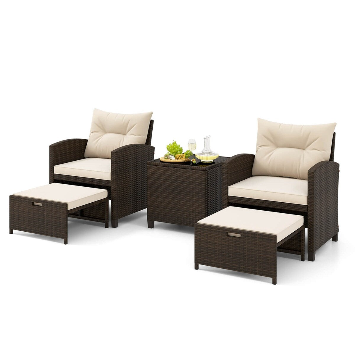 Set di mobili da giardino 5 pezzi con pouf, set da conversazione in vimini con cuscini