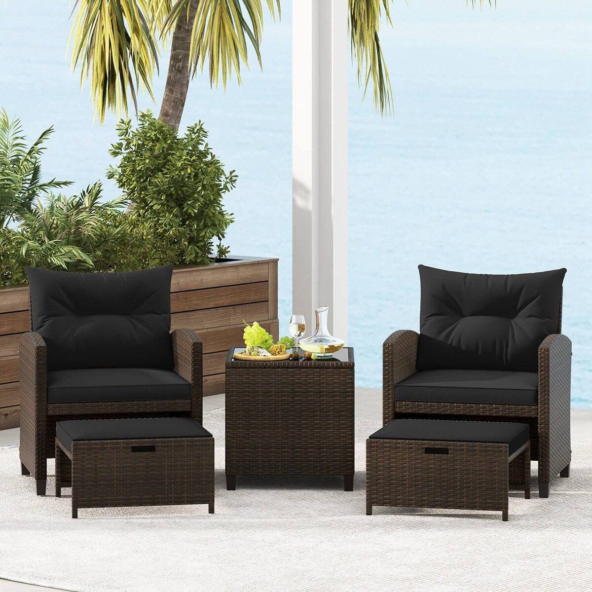 Set di mobili da giardino 5 pezzi con pouf, set da conversazione in vimini con cuscini