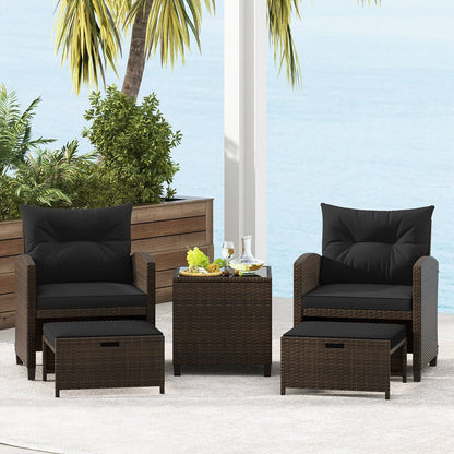 Set di mobili da giardino 5 pezzi con pouf, set da conversazione in vimini con cuscini