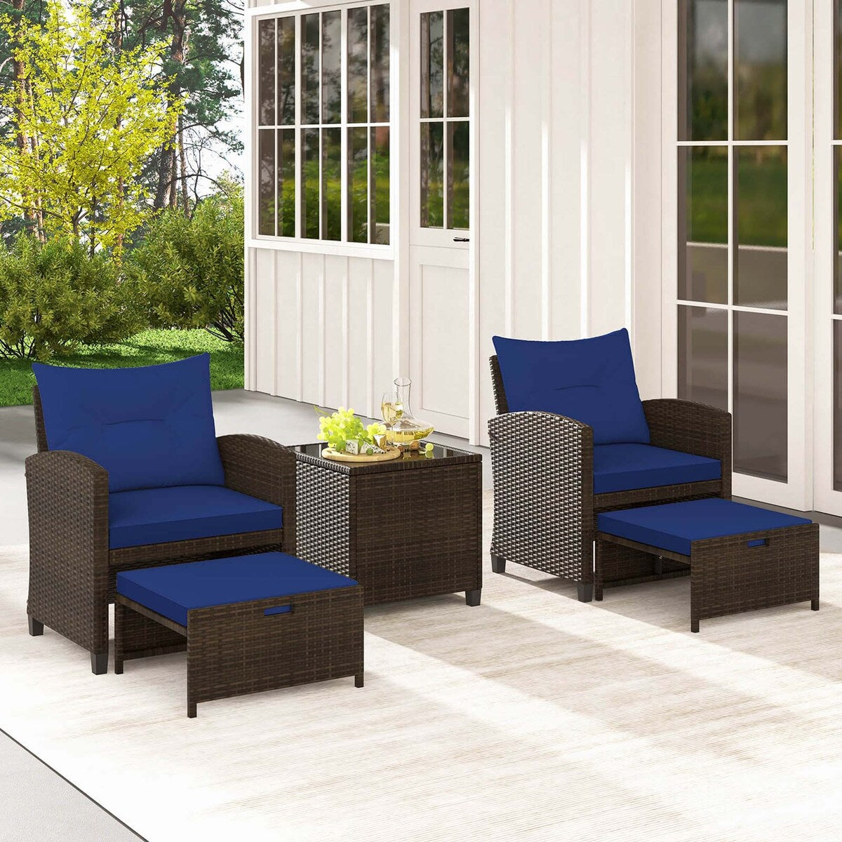 Set di mobili da giardino 5 pezzi con pouf, set da conversazione in vimini con cuscini