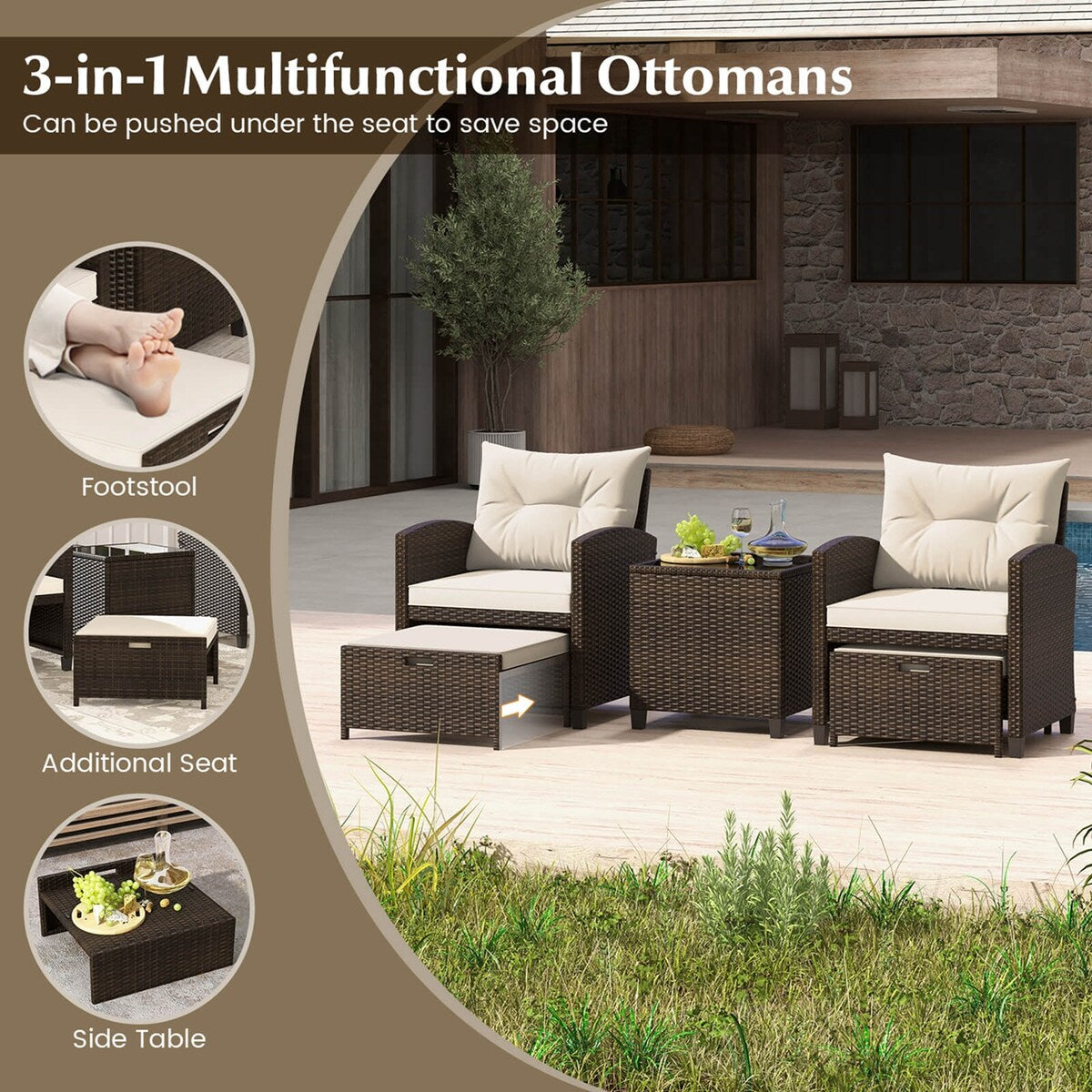 Set di mobili da giardino 5 pezzi con pouf, set da conversazione in vimini con cuscini