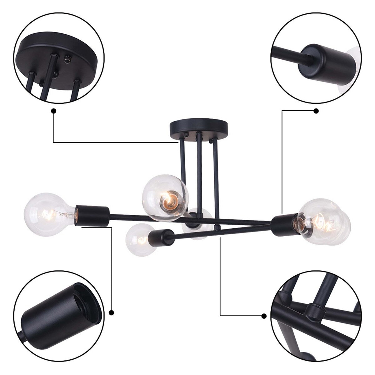 6 - Lampada da soffitto semi-incassata moderna in metallo nero Sputnik