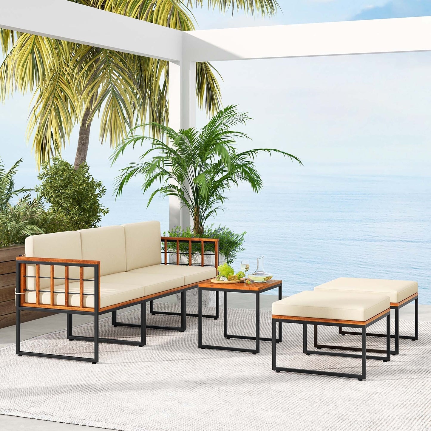 Set di 6 mobili da giardino in legno di acacia, set di divani da conversazione per esterni