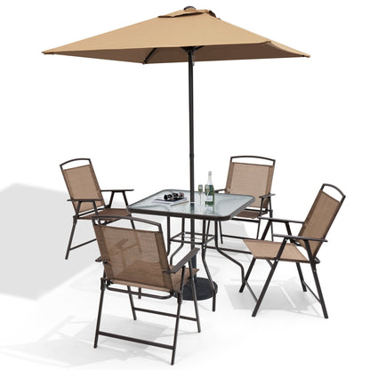 Set da pranzo per esterno da 6 pezzi con 4 sedie pieghevoli, tavolo in vetro e ombrellone senza base - Vedi i dettagli