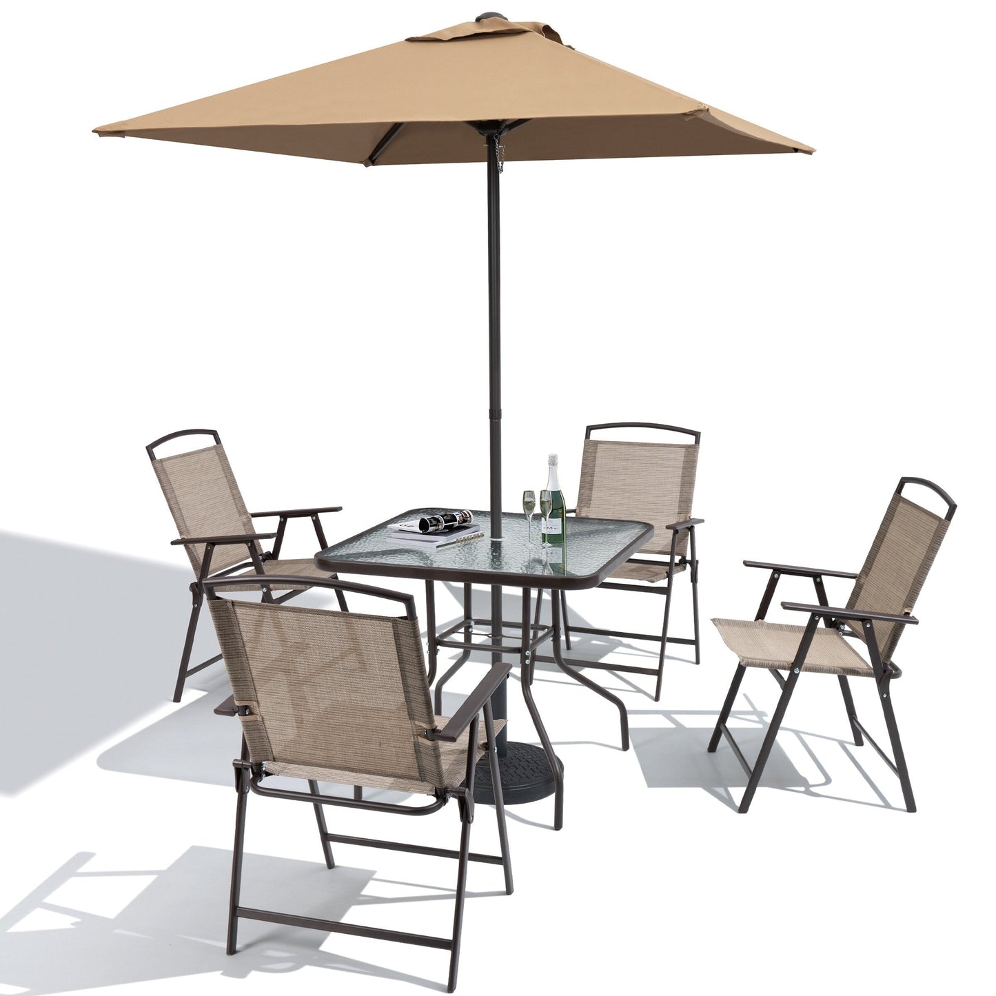 Set da pranzo per esterno da 6 pezzi con 4 sedie pieghevoli, tavolo in vetro e ombrellone senza base - Vedi i dettagli