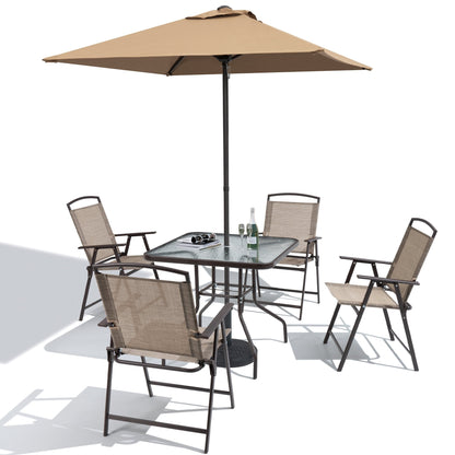 Set da pranzo per esterno da 6 pezzi con 4 sedie pieghevoli, tavolo in vetro e ombrellone senza base - Vedi i dettagli