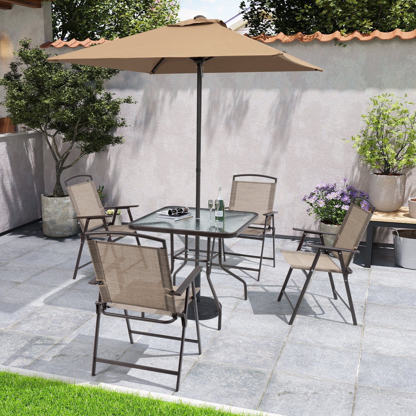 Set da pranzo per esterno da 6 pezzi con 4 sedie pieghevoli, tavolo in vetro e ombrellone senza base - Vedi i dettagli