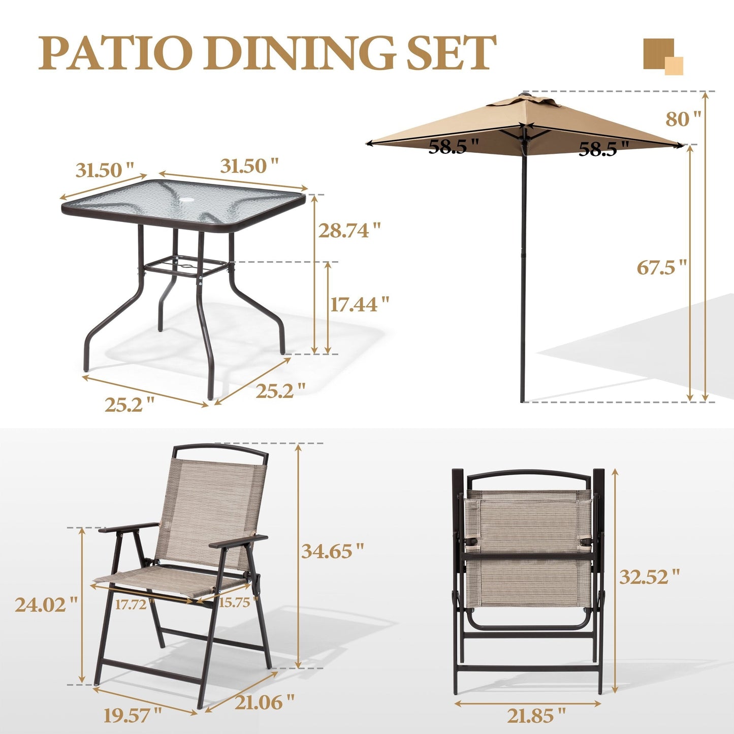 Set da pranzo per esterno da 6 pezzi con 4 sedie pieghevoli, tavolo in vetro e ombrellone senza base - Vedi i dettagli