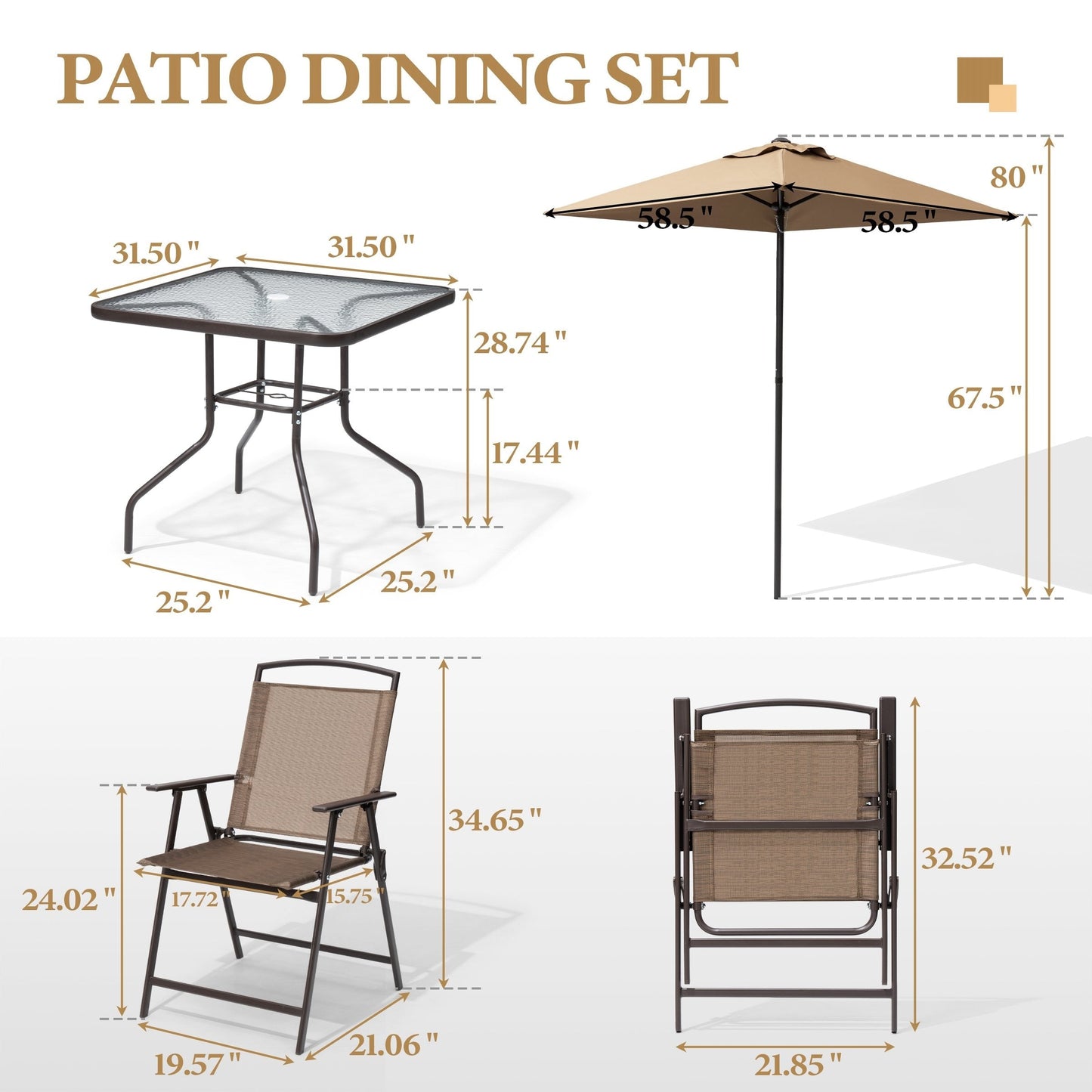 Set da pranzo per esterno da 6 pezzi con 4 sedie pieghevoli, tavolo in vetro e ombrellone senza base - Vedi i dettagli