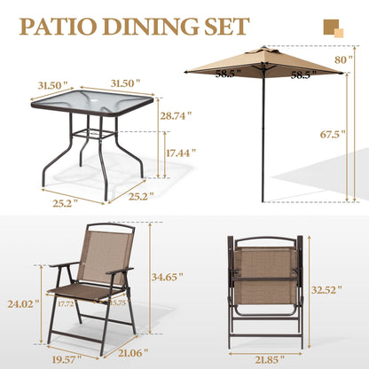Set da pranzo per esterno da 6 pezzi con 4 sedie pieghevoli, tavolo in vetro e ombrellone senza base - Vedi i dettagli