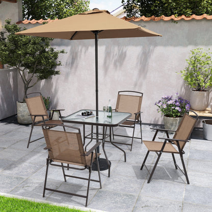 Set da pranzo per esterno da 6 pezzi con 4 sedie pieghevoli, tavolo in vetro e ombrellone senza base - Vedi i dettagli