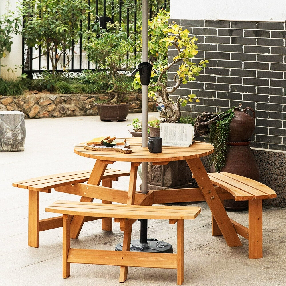 Set da picnic in legno per 6 persone, tavolo da pranzo con panche, foro per ombrellone - 66,92 P x 66,92 L x 27,55 A (L x P x A)