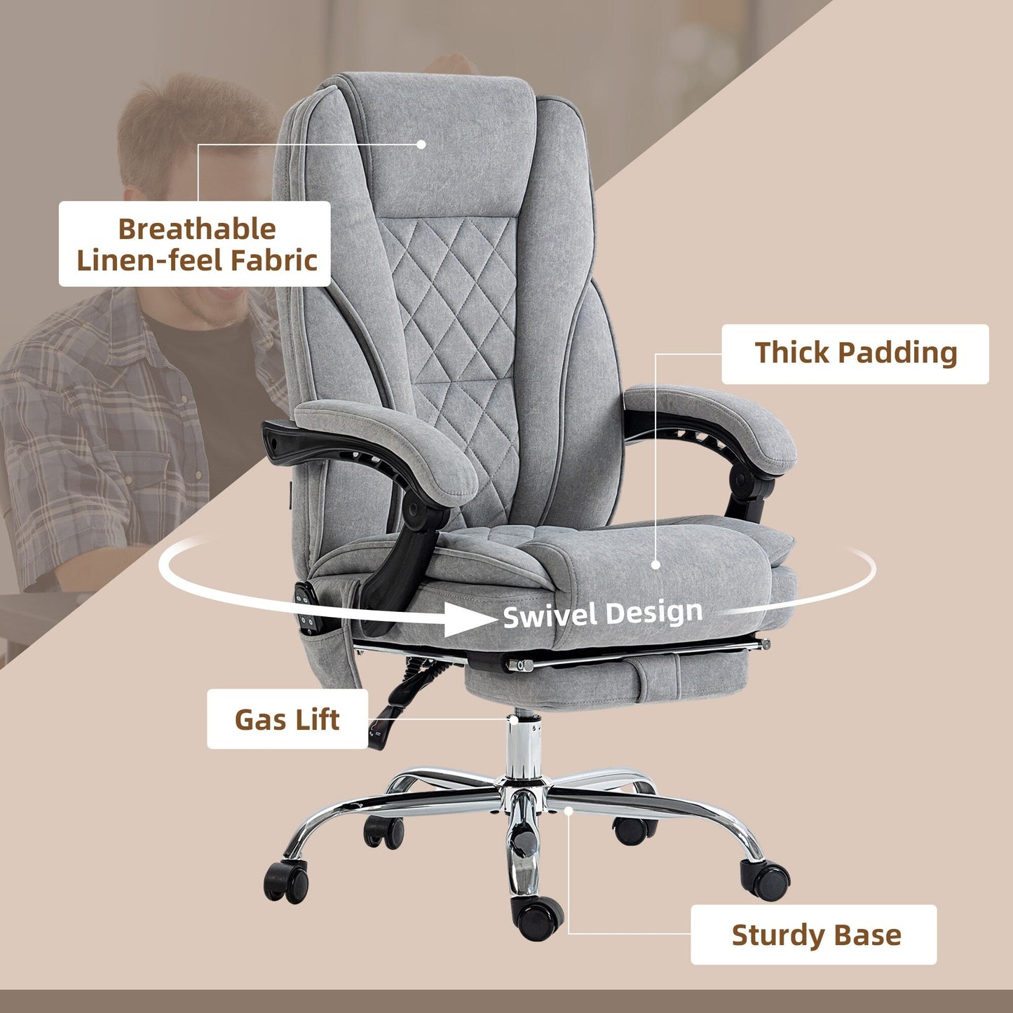 Sedia reclinabile da ufficio con massaggio vibrante a 6 punti, sedia girevole ergonomica per computer con riscaldamento lombare, poggiapiedi e altezza regolabile