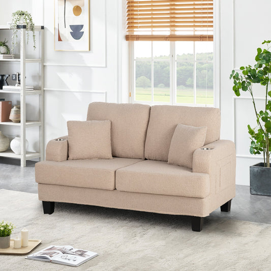 61 Divano a due posti piccolo beige con 2 cuscini e portabicchieri